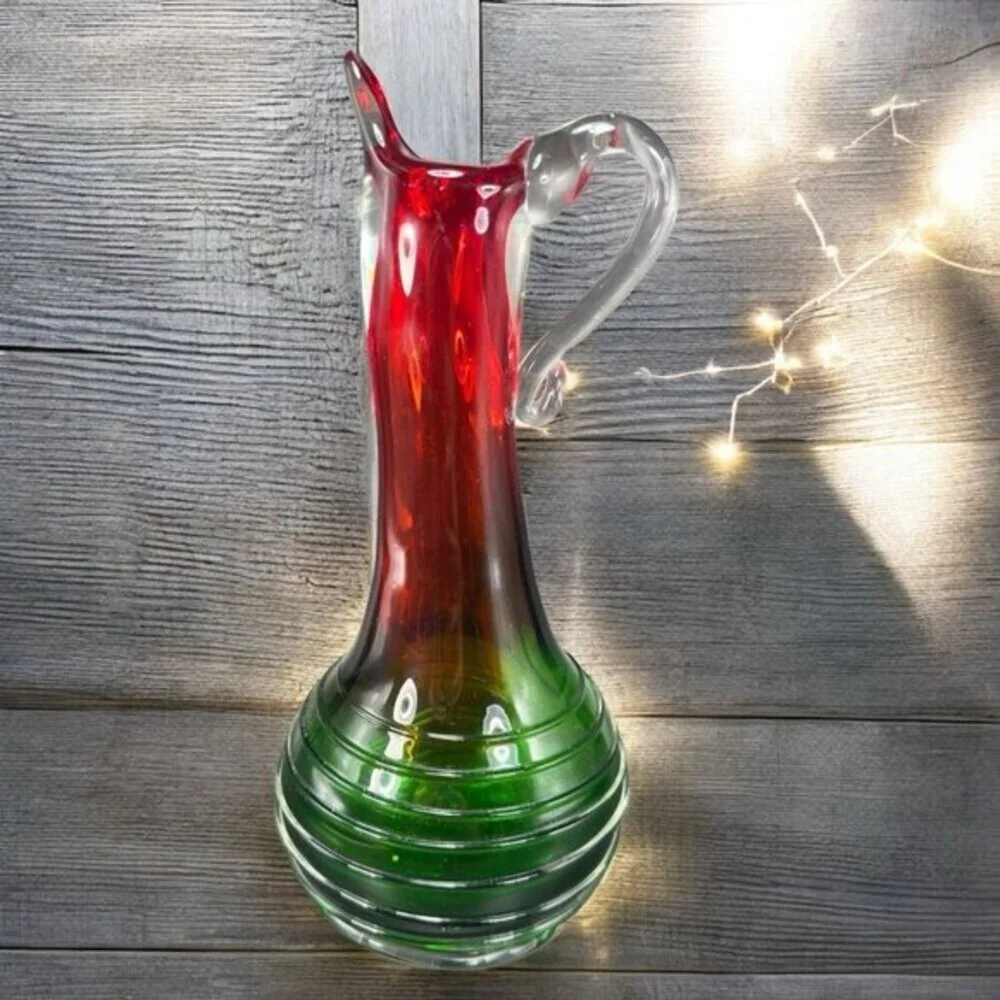 Heavy Hand Blown Glass Pitcher Vase Carafe Multicolor Applied Swirl Glass‎ Decor